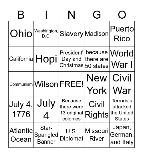Bingo:  July 13, 2013 Bingo Card