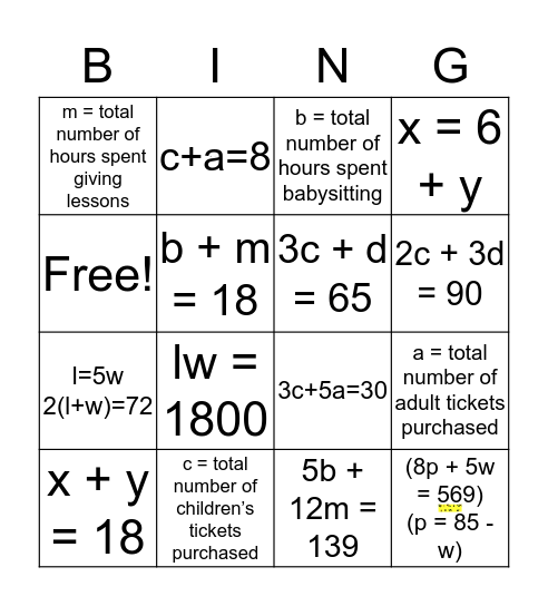 Skills Review #3 - Writing Systems of Equations Practice Bingo Card