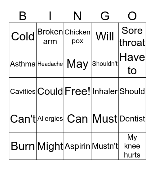 Medical & Modal Bingo Card