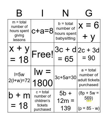 Skills Review #3 - Writing Systems of Equations Practice Bingo Card
