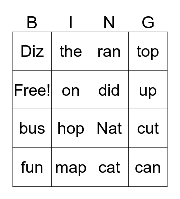Kinder ERI Words Bingo Card