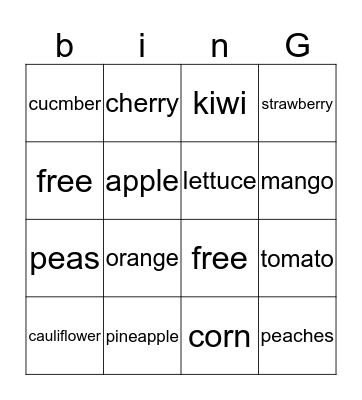 fruits and vegetables Bingo Card