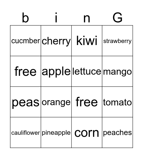 fruits and vegetables Bingo Card