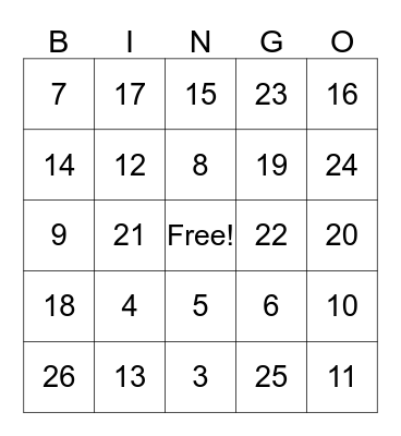 Number Bingo Card