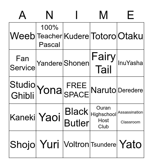 Anime Bingo Card