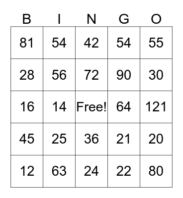Multiplication Bingo Card