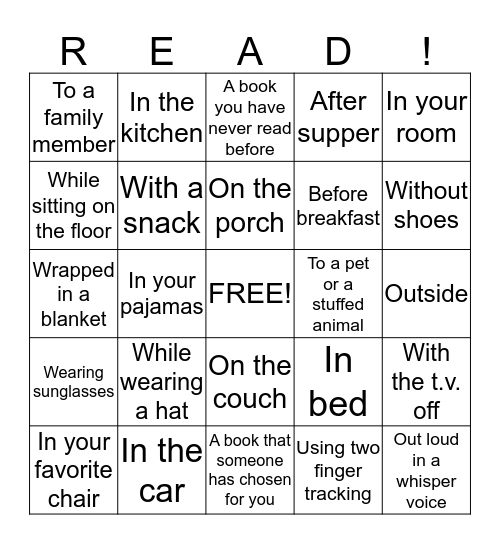 At Home Reading Challenge Bingo Card