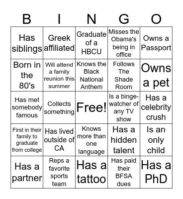 BFSA Summer Social 2017 Bingo Card