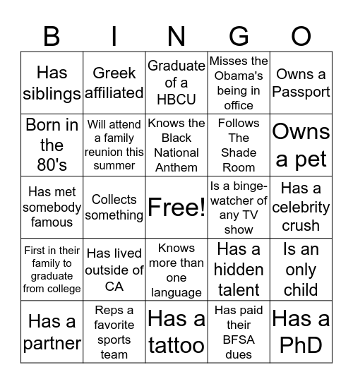 BFSA Summer Social 2017 Bingo Card