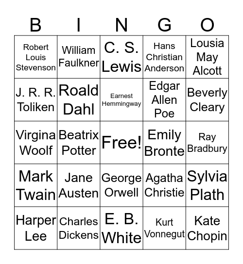 Author Trivia - Classic Authors Bingo Card