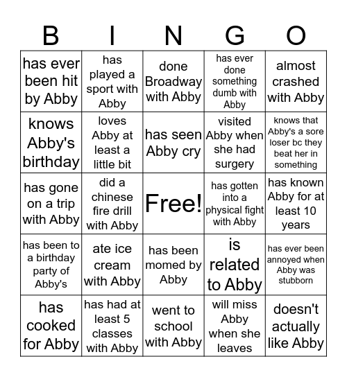 Abby Bingo Card