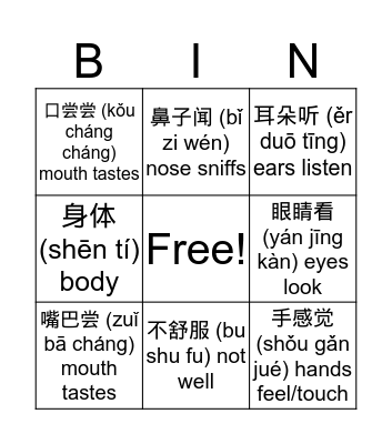 Body Senses Bingo Card