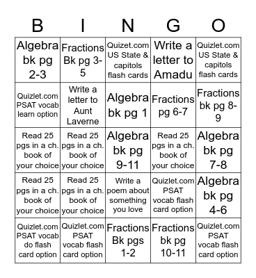 Bear's Summer Bingo Game 2017 Bingo Card