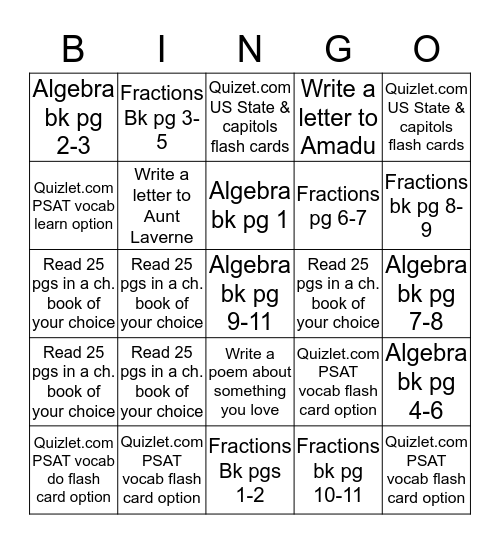 Bear's Summer Bingo Game 2017 Bingo Card