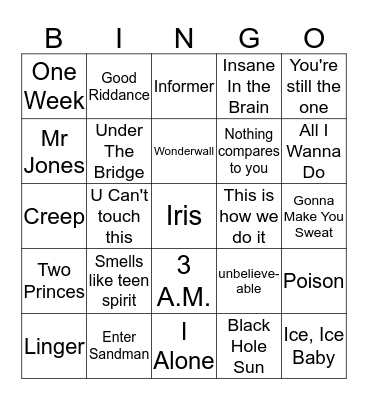 Top Hits of the 90's Bingo Card