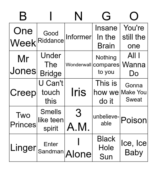 Top Hits of the 90's Bingo Card