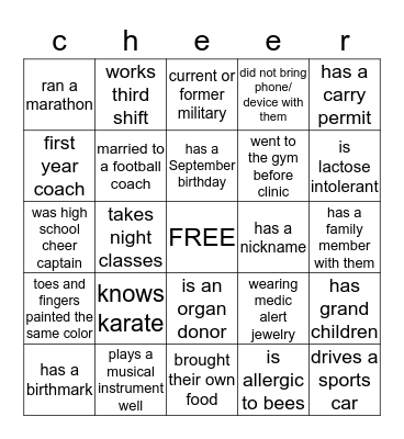 CHEER Bingo Card