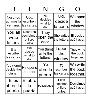 Regular IR Verbs Bingo Card