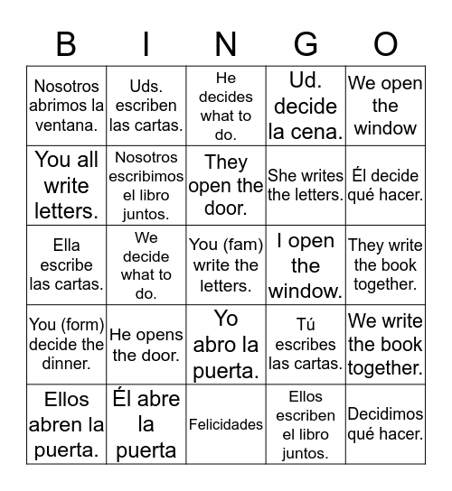 Regular IR Verbs Bingo Card