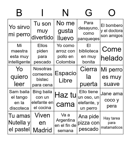Spanish 1 Review  Bingo Card