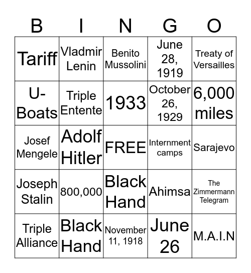 World Wars Bingo Card