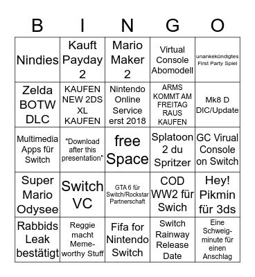 Nintendo E3 Bingo Card