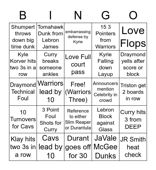 Game 2 - Warrios vs Cavs Bingo Card