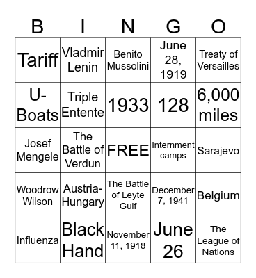World Wars Bingo Card