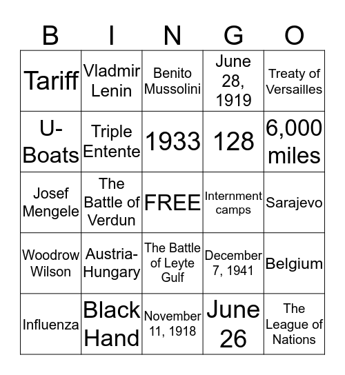 World Wars Bingo Card