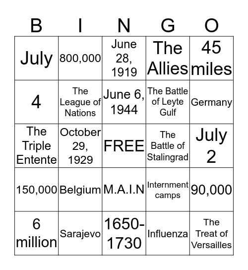 World Wars Bingo Card
