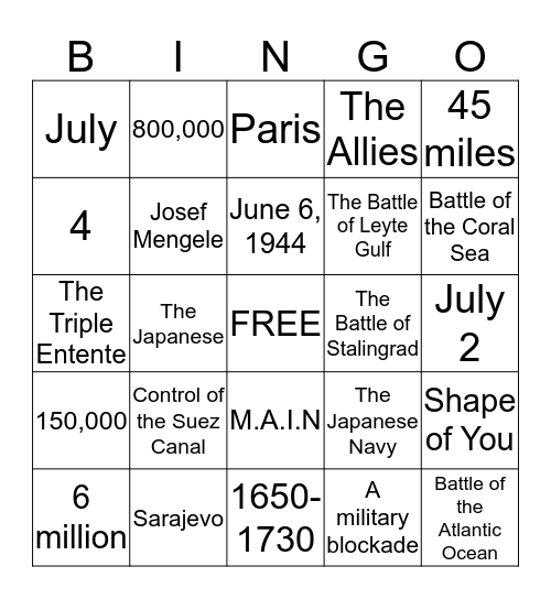 World Wars Bingo Card