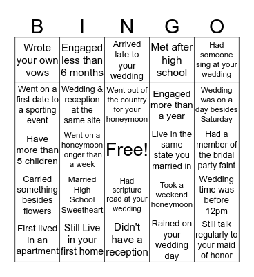 Your Wedding Bingo Card