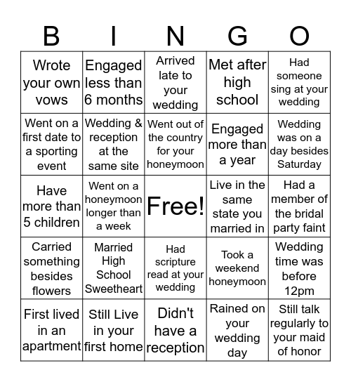 Your Wedding Bingo Card