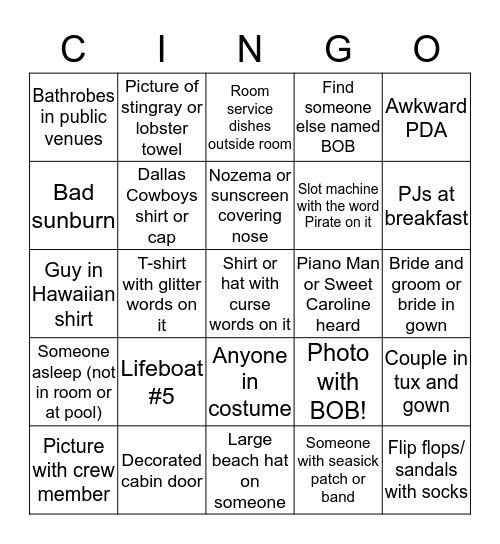 BOB's Cruise Bingo Card