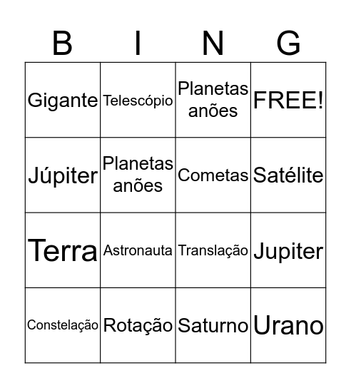 Sistema Solar Bingo Card
