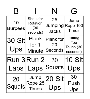 Fitness Bingo Card