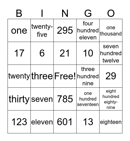 Number Bingo Card