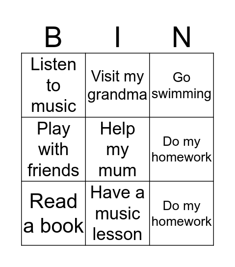 After school activities Bingo Card