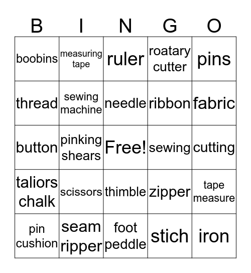 Sweing Bingo Card