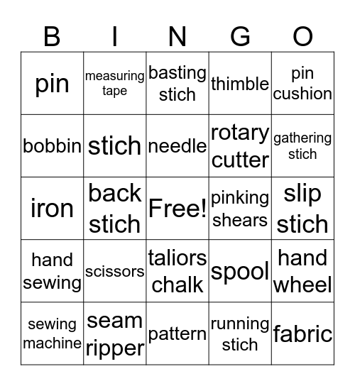 Sewing Bingo Card