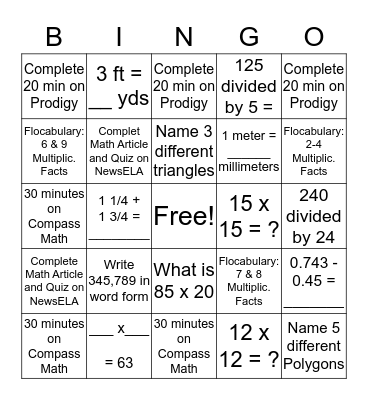 Math Bingo Card