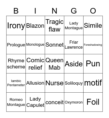 Romeo and Juliet Bingo Card