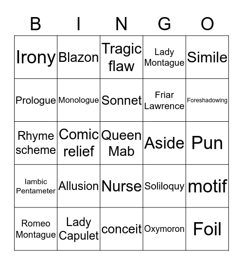 Romeo and Juliet Bingo Card