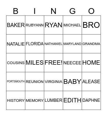 BAKER FAMILY REUNION 2013 Bingo Card