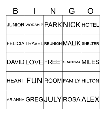 BAKER FAMILY REUNION 2013 Bingo Card