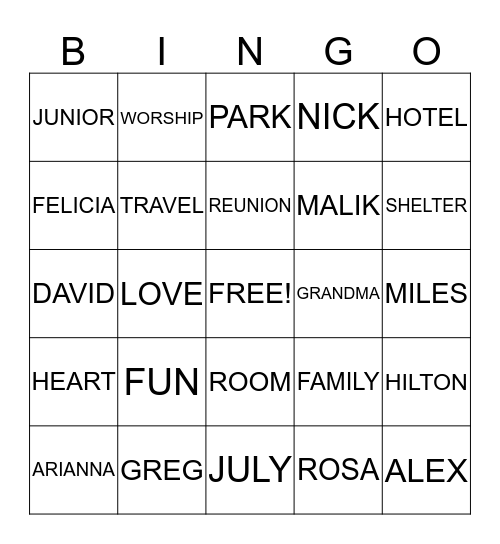 BAKER FAMILY REUNION 2013 Bingo Card