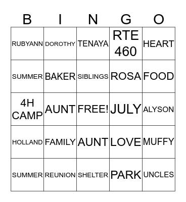 BAKER FAMILY REUNION 2013 Bingo Card