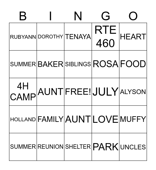 BAKER FAMILY REUNION 2013 Bingo Card