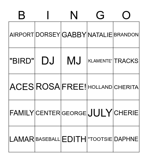 BAKER FAMILY REUNION 2013 Bingo Card