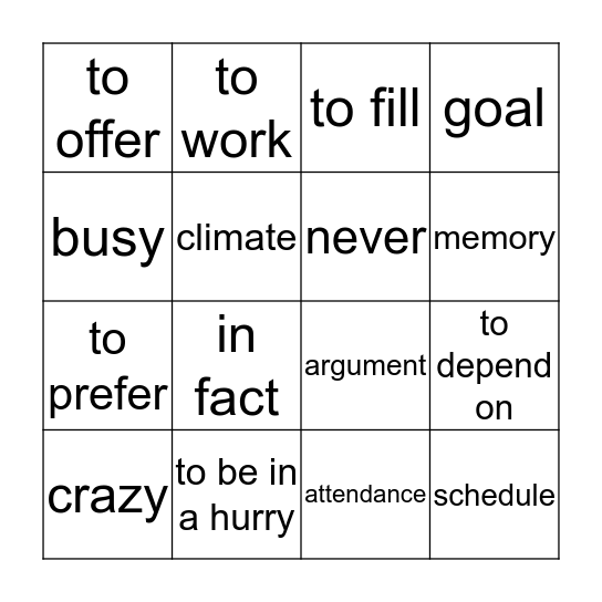 VOCABULARY BINGO Card